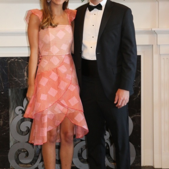 ALICE + OLIVIA Angelita Striped Ruffle Asymmetric Midi Dress - Picture 2 of 15